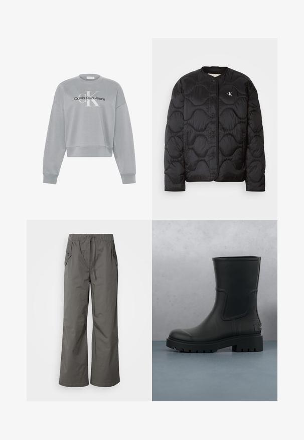 Schwarze Pufferjacke mit einem gepolsterten Muster, Rundkragen, Druckknöpfen und einem Logo auf der Brust. Glattes, glänzendes Material und gepolsterte Textur.; Hellgraues, kurz geschnittenes Sweatshirt mit langen Ärmeln, auf der Vorderseite mittig mit weißem "cK" und schwarzem "Calvin Klein Jeans" Logo.; Graue weit geschnittene Hose aus leichtem Stoff, mit elastischem Bund, Kordelzug und zwei seitlichen Taschen mit Knopfakzenten.; Schwarze matte Leder-Stiefelette mit dickem Profilsohle, schwebend über hölzernen quadratischen Fliesen und kleinen grauen Steinen im Freien.