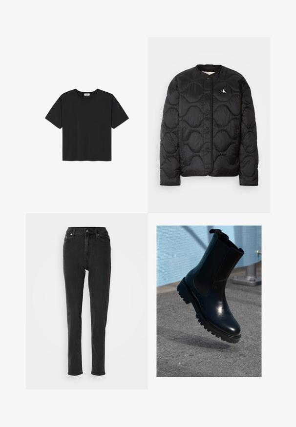 Schwarze Pufferjacke mit einem gepolsterten Muster, Rundkragen, Druckknöpfen und einem Logo auf der Brust. Glattes, glänzendes Material und gepolsterte Textur.; Schwarzes kurzärmliges T-Shirt aus Baumwolle, mit Rundhalsausschnitt und geradem Saum. Einfaches und ungeschmücktes Design.; Schwarze, hoch taillierte Denim-Jeans mit schlanker Passform, ausgestattet mit Knopfverschluss, Gürtelschlaufen und kontrastierenden Nähten. Glatte Textur, keine sichtbaren Muster.; Schwarzer Leder-Stiefelette mit elastischen Seitenteilen, rundlicher Spitze und einer dicken, strukturierten Sohle. Glatte Oberfläche mit minimalistischem Design.