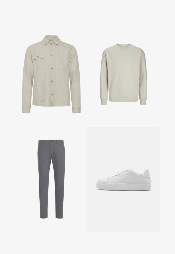 Chaqueta de algodón beige con un frontal abotonado, un cuello de punto, dos bolsillos en el pecho y dos bolsillos inferiores. Tejido texturizado con costuras visibles.; Sudadera gris claro hecha de tejido suave, con cuello redondo, mangas largas y puños y dobladillo acanalados para un ajuste cómodo.; Pantalones de algodón grises con un diseño ajustado, que cuentan con un cierre de botón, bolsillos estándar y una textura suave.; Zapatilla de cuero blanca con suela de plataforma gruesa, punta redonda y seis ojetes. Textura suave con detalles de costura sutiles.