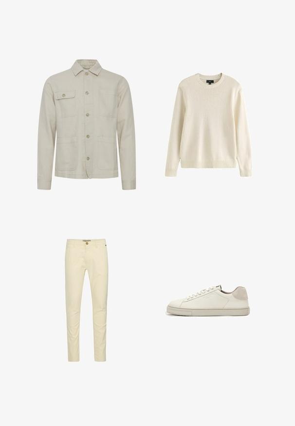 Chaqueta de algodón beige con un frontal abotonado, un cuello de punto, dos bolsillos en el pecho y dos bolsillos inferiores. Tejido texturizado con costuras visibles.; Suéter de punto de manga larga color crema, con cuello redondo, puños y dobladillo acanalados, etiqueta de talla mediana de la marca Next.; Chinos de algodón beige con un corte slim, que cuentan con un cierre de botón y un detalle de costura sutil en los bolsillos. Textura suave con un acabado pulido.; Zapatilla blanca de piel de perfil bajo con cordones blancos, suela ligeramente texturizada y parche de ante gris claro en el talón, vista lateral.