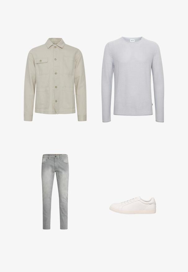 Veste en coton beige avec une fermeture à boutons, un col pointu, deux poches poitrine et deux poches inférieures. Tissu texturé avec des coutures visibles.; Chemise à manches longues gris clair en tissu tricoté texturé ; encolure ronde ; coupe droite ; présente une étiquette logo discrète sur le côté inférieur.; Jeans gris clair avec une coupe droite, un léger délavage, des poches avant et une fermeture à bouton classique à la taille.; Baskets basses blanches avec fermeture à lacets et semelle plate, montrées en profil latéral sur fond blanc.