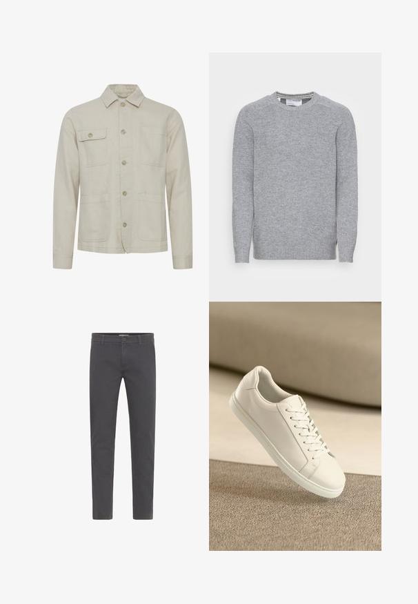 Veste en coton beige avec une fermeture à boutons, un col pointu, deux poches poitrine et deux poches inférieures. Tissu texturé avec des coutures visibles.; Pull en tricot gris avec col rond, poignets et ourlet côtelés. Texture lisse et design simple et classique avec fentes latérales.; Pantalons gris, ajustés, fabriqués en coton doux. Dotés d'une fermeture à bouton, de passants de ceinture et d'un design épuré et contemporain. Sans motifs visibles.; Baskets en cuir blanc avec des lacets blancs, exposées sur une surface beige texturée et avec un arrière-plan flou doux.