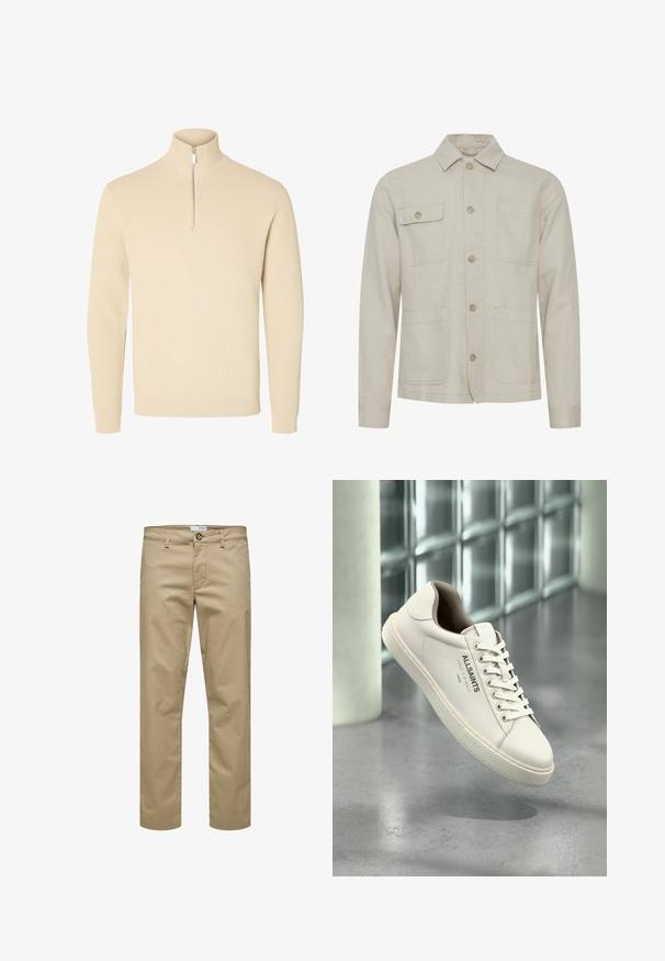 Beige Baumwolljacke mit Knopfverschluss, Punktkragen, zwei Brusttaschen und zwei seitlichen Taschen. Strukturiertes Gewebe mit sichtbaren Nähten.; Beiger Strickpullover mit hohem, geripptem Kragen und kurzem Frontreißverschluss, mit langen Ärmeln sowie gerippten Bündchen und Saum.; Beige gerade geschnittene Hose mit Gürtelschlaufen, Knopfverschluss und vorderen Taschen, vor weißem Hintergrund dargestellt.; Weißer AllSaints-Sneaker mit Schnürsenkeln, Logo und japanischem Text, der über einem polierten Betonboden mit mattierten Glasbausteinen im Hintergrund schwebt.