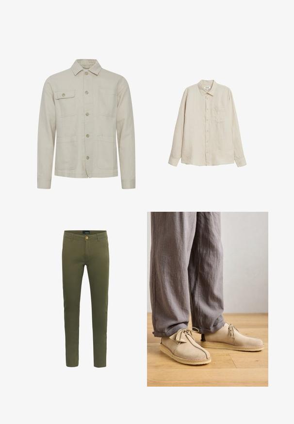 Beige Baumwolljacke mit Knopfverschluss, Punktkragen, zwei Brusttaschen und zwei seitlichen Taschen. Strukturiertes Gewebe mit sichtbaren Nähten.; Beige Leinen-Hemd mit langen Ärmeln, kragenlosem Ausschnitt, vorderen Knöpfen und einer einzelnen Brusttasche. Weiche, leichte Textur.; Olivgrüne Hosen aus weichem Baumwollgemisch mit vorderem Knopfverschluss, Gürtelschlaufen und slim fit Design.; Beige Wildlederschuhe mit runder Zehenpartie, Schnürdetails und genähten Akzenten, kombiniert mit lockeren grauen Leinenhosen auf einem Holzboden.