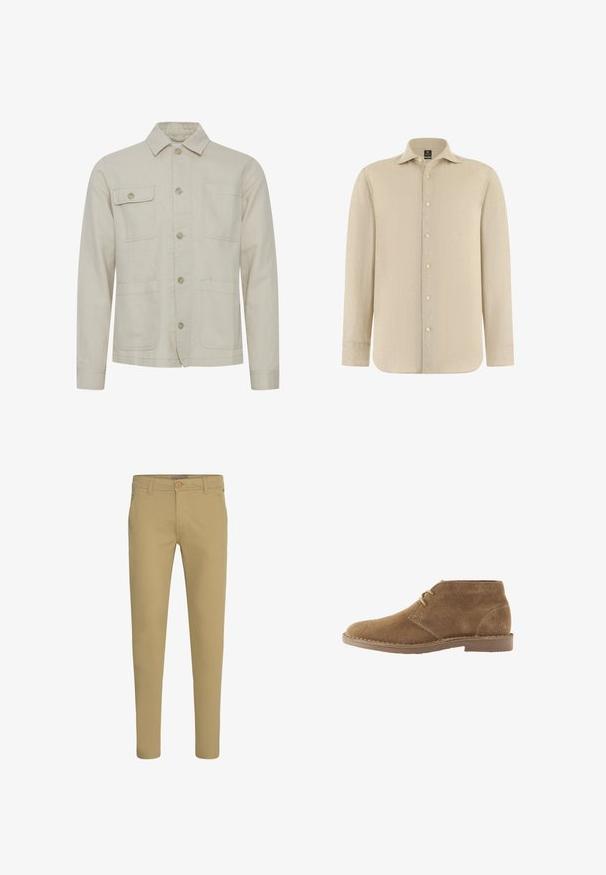 Chaqueta de algodón beige con un frontal abotonado, un cuello de punto, dos bolsillos en el pecho y dos bolsillos inferiores. Tejido texturizado con costuras visibles.; Camisa beige de manga larga con botones, cuello puntiagudo, tela texturizada y puños estándar, mostrada sobre un fondo blanco.; Pantalones chinos beige de corte ajustado con cierre de botón y cremallera, bolsillos delanteros inclinados y trabillas para cinturón, mostrados sobre fondo blanco.; Zapato casual marrón de ante hasta el tobillo con dos ojales para cordones y suela cosida sobre fondo blanco, vista lateral.