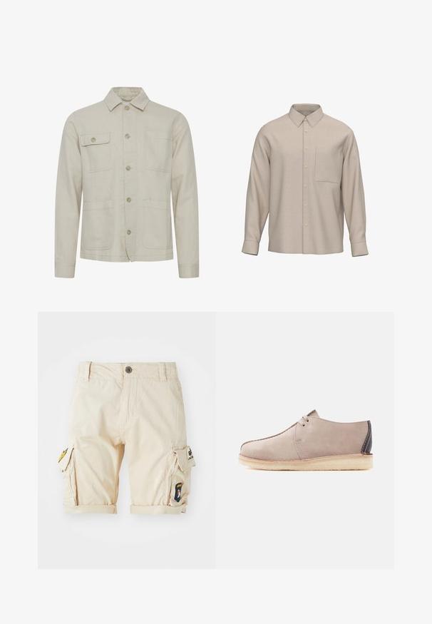 Veste en coton beige avec une fermeture à boutons, un col pointu, deux poches poitrine et deux poches inférieures. Tissu texturé avec des coutures visibles.; Chemise beige à manches longues avec col pointu et une poche poitrine unique, présentée sur fond blanc.; Shorts cargo beiges en coton, avec des ourlets roulés, des poches latérales et des patchs brodés sur la jambe. Coupe classique et design fonctionnel.; Chaussure décontractée en daim beige avec deux œillets pour les lacets, semelle en crêpe et patch talon marron foncé, vue de profil sur fond blanc.