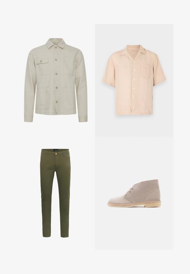 Beige Baumwolljacke mit Knopfverschluss, Punktkragen, zwei Brusttaschen und zwei seitlichen Taschen. Strukturiertes Gewebe mit sichtbaren Nähten.; Kurzärmeliges, hellbeiges Leinenhemd mit spitzem Kragen, Knopfleiste und Brusttasche. Weiche Textur und lockere Passform.; Olivgrüne Hosen aus weichem Baumwollgemisch mit vorderem Knopfverschluss, Gürtelschlaufen und slim fit Design.; Beiger Wildleder-Stiefelette mit Zwei-Ösen-Schnürung, Kreppsohle und niedrigem gestapeltem Absatz, seitlich auf einfarbigem Hintergrund gezeigt.
