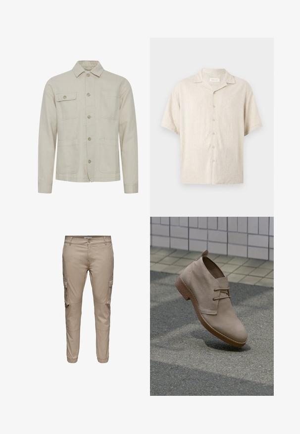 Veste en coton beige avec une fermeture à boutons, un col pointu, deux poches poitrine et deux poches inférieures. Tissu texturé avec des coutures visibles.; Chemise beige à manches courtes avec col camp, boutons devant et coupe décontractée, en tissu léger.; Pantalon cargo beige à coupe slim avec poches à rabat latérales, fermeture par boutons, passants pour ceinture et poignets élastiques aux chevilles.; Bottine beige en daim avec semelle texturée marron et lacets, positionnée à la verticale sur l'asphalte près d'un mur carrelé.