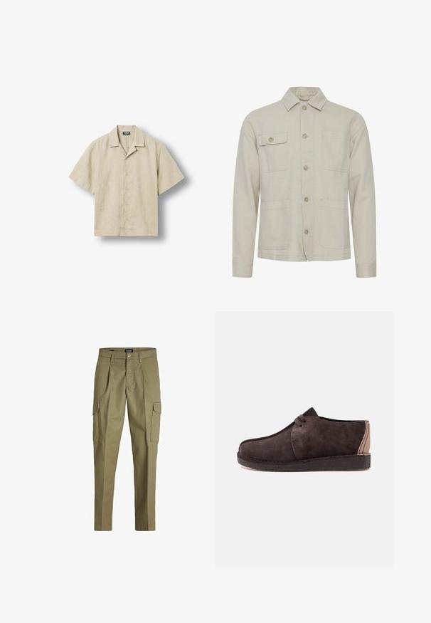 Beige cotton jacket with a buttoned front, a point collar, two chest pockets, and two lower pockets. Textured fabric with visible stitching.; Beige short-sleeve button-up shirt with camp collar, five buttons down front, and brand label inside collar.; Cargo pants in olive green, made of durable fabric, featuring pleats, two side pockets, and adjustable waistband with a button closure.; Dark brown suede casual lace-up shoe with a flat sole and beige leather detail on the heel, shown from the side.
