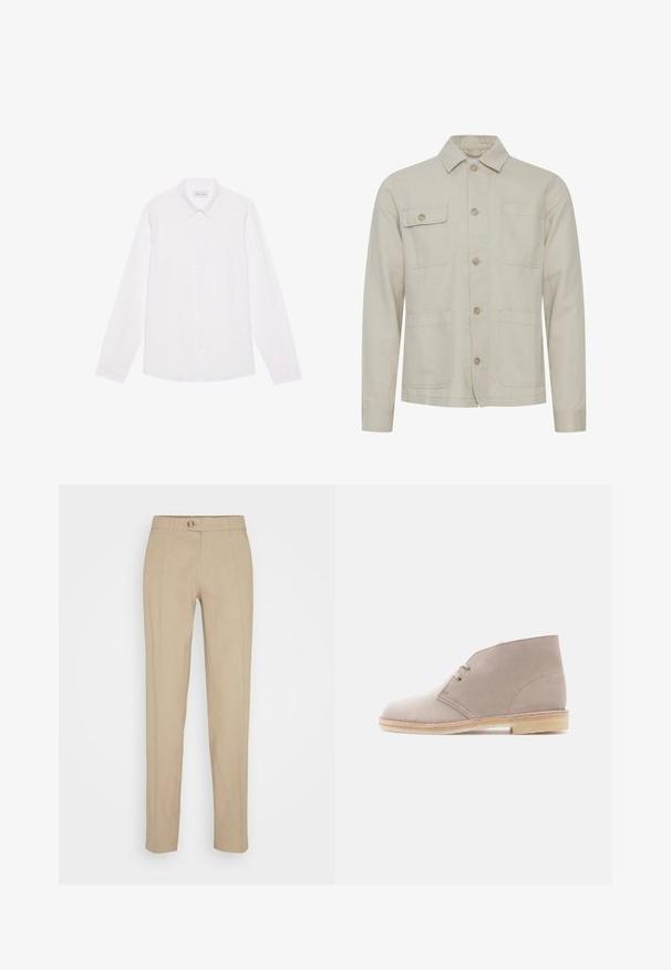 Veste en coton beige avec une fermeture à boutons, un col pointu, deux poches poitrine et deux poches inférieures. Tissu texturé avec des coutures visibles.; Chemise blanche à manches longues, en coton. Présente un col classique, des boutons sur le devant et une texture lisse sans motifs visibles.; Pantalons beiges en lin avec une coupe droite, dotés d'une fermeture à bouton, de passants de ceinture et d'une texture lisse.; Bottine en cuir suédé beige à deux œillets avec lacets, semelle en crêpe et petit talon empilé, vue de profil sur un fond uni.