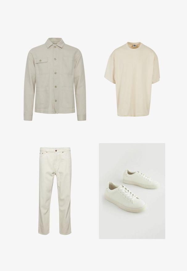 Chaqueta de algodón beige con un frontal abotonado, un cuello de punto, dos bolsillos en el pecho y dos bolsillos inferiores. Tejido texturizado con costuras visibles.; Camiseta de manga corta color crema con un corte relajado y escote redondo; hecha de algodón suave, con detalles de costura sutiles.; Pantalones de algodón beige con corte recto, cinco bolsillos, cierre de botón y detalles de costura sutiles. Textura uniforme sin patrones visibles.; Zapatillas blancas de material sintético texturizado, con puntera redonda, diseño con cordones y suela de goma ligeramente elevada.