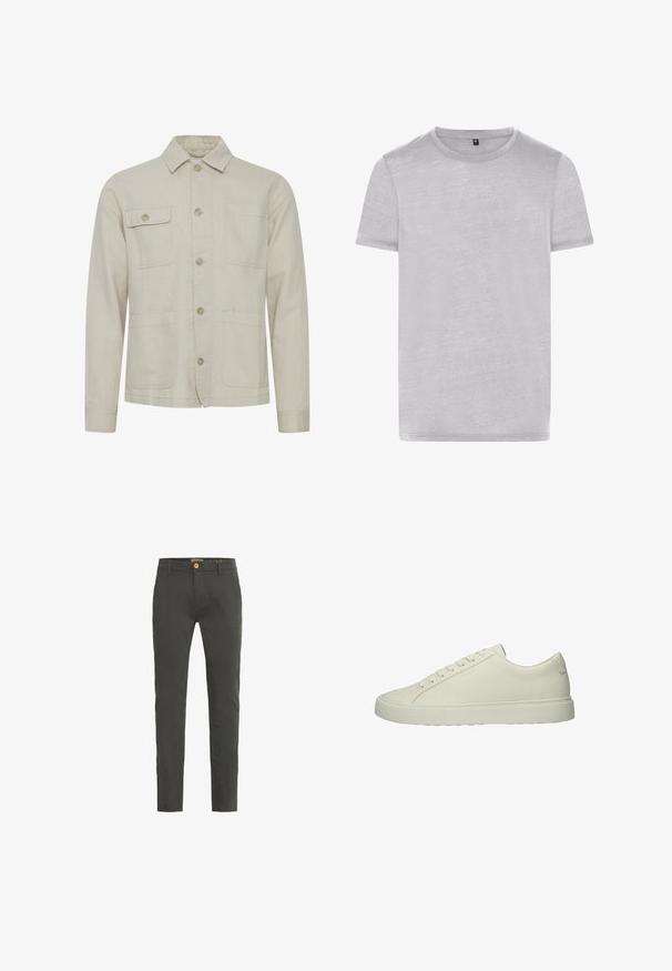Chaqueta de algodón beige con un frontal abotonado, un cuello de punto, dos bolsillos en el pecho y dos bolsillos inferiores. Tejido texturizado con costuras visibles.; Camiseta corta de mangas en color gris, fabricada con una tela suave. Presenta un cuello redondo clásico y un ajuste holgado con una textura lisa.; Chinos de corte slim en gris oscuro, elaborados con una mezcla de algodón. Cuentan con un cierre de un solo botón y pasadores para cinturón. Textura suave con un detalle mínimo.; Zapatilla blanca de cuero con textura suave, diseño minimalista, cordones en la parte frontal y suela de goma gruesa. Sin logotipos ni patrones visibles.
