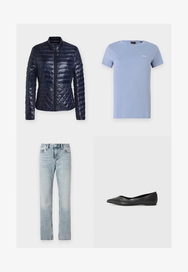 Donkerblauwe doorgestikte jas met lange mouwen, rits aan de voorkant en hoge kraag, met horizontale en diamantvormige stikpatronen.; Lichtblauw katoenen T-shirt met korte mouwen, ronde hals en het BOSS-logo in het wit geborduurd op de linkerborst. Gladde textuur, casual pasvorm.; Lichtblauwe straight-leg jeans van denim met een vervaagde wassing, met een standaard taille, riemlussen en een bovenste knoopsluiting.; Zwarte leren ballerina met een spitse neus, lage hak en een gladde structuur. Minimalistisch ontwerp met een subtiele zijaccent.