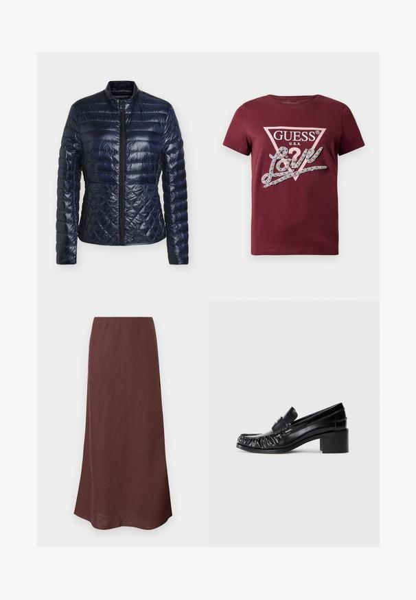 Marineblå quiltet jakke med lange ærmer, frontlynlås og høj krave, med horisontale og diamantformede stikningsmønstre.; Burgunderfarvet T-shirt med korte ærmer med en lys rosa GUESS USA trekantlogo og kursiv "Love" tekst udsmykket med rhinsten.; Brun, lang nederdel lavet af letvægtsstof. Har et simpelt design med en lige skæring og en glat tekstur. Kantene er let buede.; Sorte læder loafers med en bølget front, rund tå og en blokhælc. Har et dekorativt bånd og syninger langs kanterne.