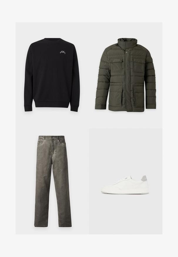 Veste matelassée vert foncé avec col montant, boutons-pression devant, fermeture éclair et quatre poches à rabat à l'avant.; Sweat-shirt noir à manches longues col rond avec petit logo blanc "A C W" et motif de crochets sur la partie supérieure gauche de la poitrine.; Pantalon gris à jambes droites en tissu de coton doux avec une texture lisse. Comprend des poches avant et une fermeture à bouton.; Baskets basses blanches avec un onglet de talon gris, des lacets blancs et une semelle texturée, présentées sur un fond uni clair.