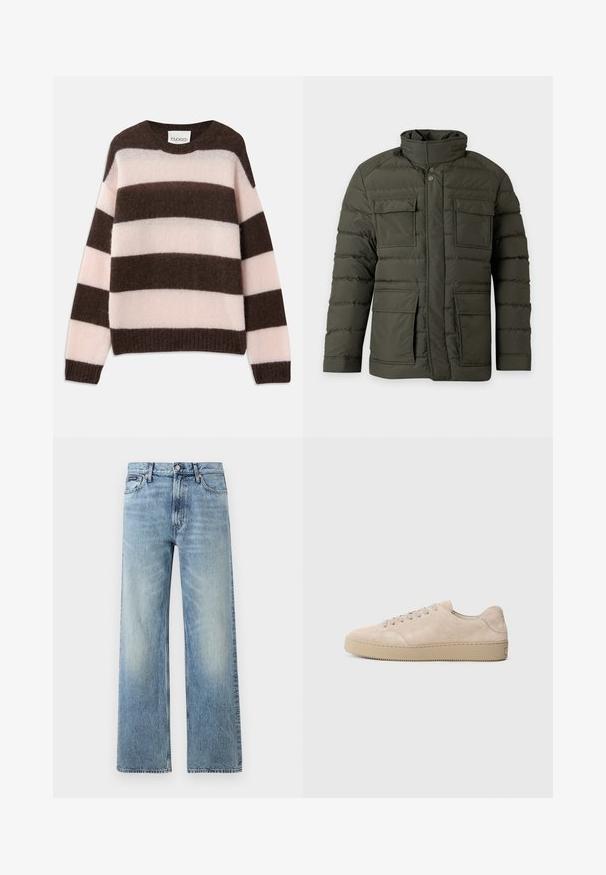 Tmavozelená prešívaná bunda s stojacím golierom, predné patentky, zapínanie na zips a štyri predné vrecká s chlopňou.; CLOSED STRIPE CREW NECK JUMPER - Svetrík - espresso brown; Svetlomodré riflové nohavice s rovnými nohavicami, vysokým pásom, piatimi vreckami, zapínaním na gombík a jemným vyblednutím na stehnách a kolenách.; Béžové semišové tenisky s okrúhlou špičkou, plochými šnúrkami a textúrovanou gumovou podrážkou. Minimalistický dizajn s hladkými hranami a jemným prešívaním.