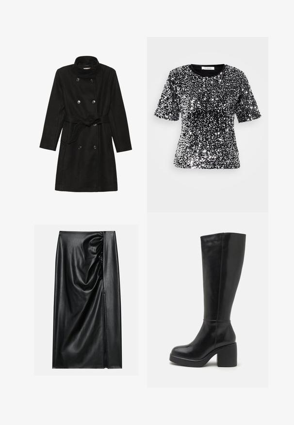 Manteau en mélange de laine noir avec un col haut, double boutonnage avec des boutons noirs, une ceinture à la taille et des poches latérales. Texture lisse et design longueur genoux.; T-shirt noir à manches courtes recouvert de paillettes argentées brillantes, avec un col rond et une finition textile lisse. Étiquette visible au niveau du col.; Jupe en cuir noir avec une texture lisse, présentant une section froncée sur un côté et une fente sur le côté pour un détail supplémentaire.; Zign LEATHER - Bottes à talons hauts - black