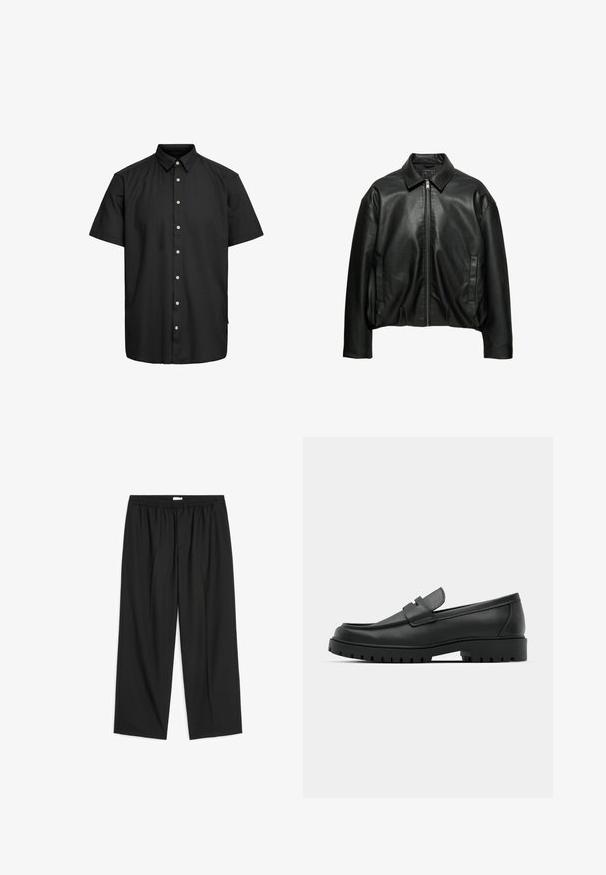 Veste en cuir noire avec col, fermeture éclair à l'avant, manches longues et deux poches latérales verticales, présentée sur fond blanc.; Chemise noire à manches courtes en tissu lisse, avec un col boutonné, des boutons sur le devant ornés d'accents de couleur claire, et un ourlet droit.; Pantalon noir à coupe ample avec taille élastique et devant plat, jambes droites et poches latérales, présenté sur fond blanc.; Mocassins en cuir noir à bout arrondi, avec un design cousu, une semelle plateforme basse et une semelle en caoutchouc texturée et crantée.