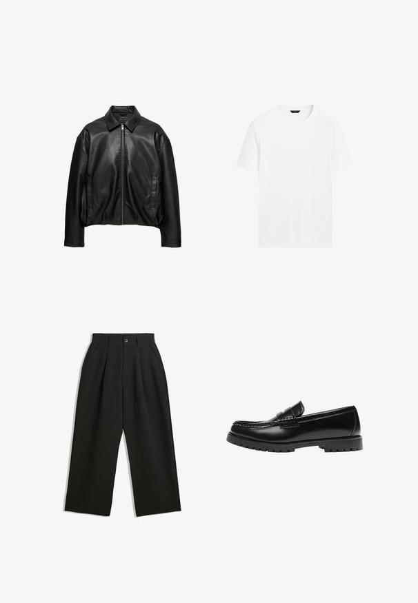 Veste en cuir noire avec col, fermeture éclair à l'avant, manches longues et deux poches latérales verticales, présentée sur fond blanc.; T-shirt en coton blanc avec un col rond, des manches courtes et une coupe droite. Présente une texture lisse et légère, sans motifs visibles.; Pantalons noirs à coupe décontractée, avec des plis à l'avant, des poches latérales et une fermeture à bouton. Fabriqués en tissu texturé.; Mocassin en cuir noir avec une semelle en caoutchouc épaisse et un détail classique de bride à monnaie, vu de côté extérieur.