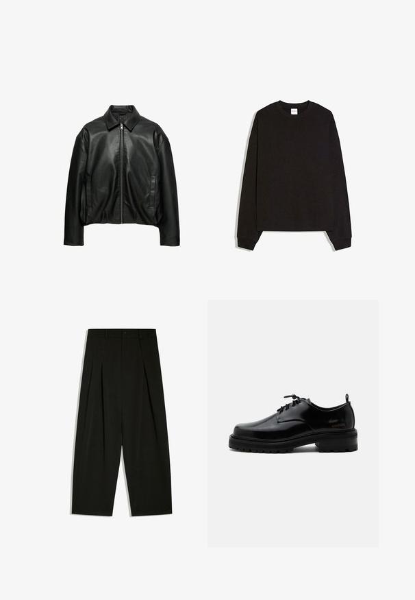 Veste en cuir noire avec col, fermeture éclair à l'avant, manches longues et deux poches latérales verticales, présentée sur fond blanc.; Sweat-shirt noir à manches longues en coton doux. Dispose d'un col rond, de poignets côtelés, et d'une coupe ample avec un design minimaliste.; Pantalon noir à jambes larges avec plis, passants pour ceinture et fermeture par bouton à la taille.; Chaussure en cuir noir poli à lacets, semelle en caoutchouc épaisse et talon bas, texte de marque "SAMSOE" sur le côté et languette arrière.