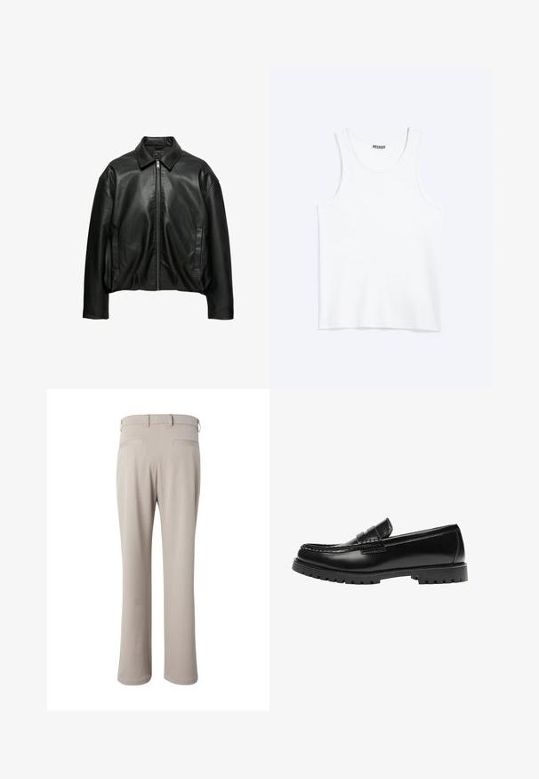 Veste en cuir noire avec col, fermeture éclair à l'avant, manches longues et deux poches latérales verticales, présentée sur fond blanc.; Débardeur blanc sans manches avec col rond et étiquette de la marque Weekday à l'intérieur du col arrière, présenté à plat sur un fond clair.; Pantalon beige droit vu de dos, avec passants de ceinture et deux poches passepoilées à la taille.; Mocassin en cuir noir avec une semelle en caoutchouc épaisse et un détail classique de bride à monnaie, vu de côté extérieur.