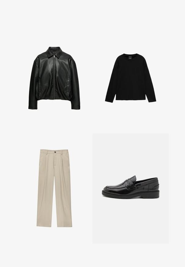 Veste en cuir noire avec col, fermeture éclair à l'avant, manches longues et deux poches latérales verticales, présentée sur fond blanc.; T-shirt noir uni à manches longues et col rond, coupe décontractée, sans motifs ni logos visibles sur fond blanc.; Pantalon beige coupe droite avec passants de ceinture, fermeture par bouton, poches avant et pli marqué sur chaque jambe.; Mocassins en cuir noir avec une finition lisse, un bout rond, un petit talon et descoutures décoratives à l'avant. Semelle en caoutchouc pour l'adhérence.