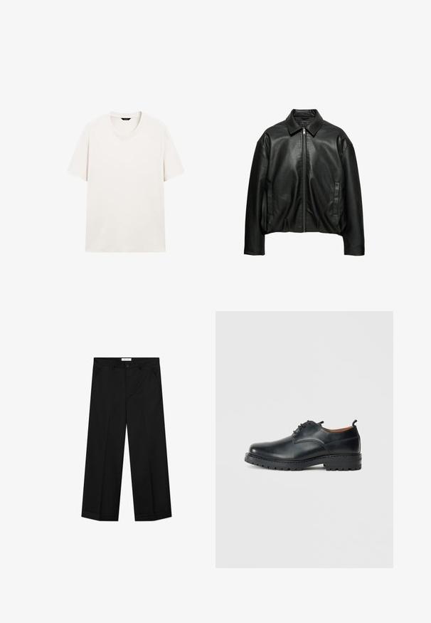 Sort læderjakke med krave, frontlynlås, lange ærmer og to lodrette sidelommer, vist mod en hvid baggrund.; Lys hvid kortærmet t-shirt med rund hals, vist fladt med synlig halslabel mod en hvid baggrund.; Sorte bukser med vide ben lavet af et glat materiale, med forlommer, knaplåsning og en presset rille ned langs hvert ben.; Sorte læder derby-sko med en glat overflade, rund tå, snøre-design og en tyk, robust gummisål.