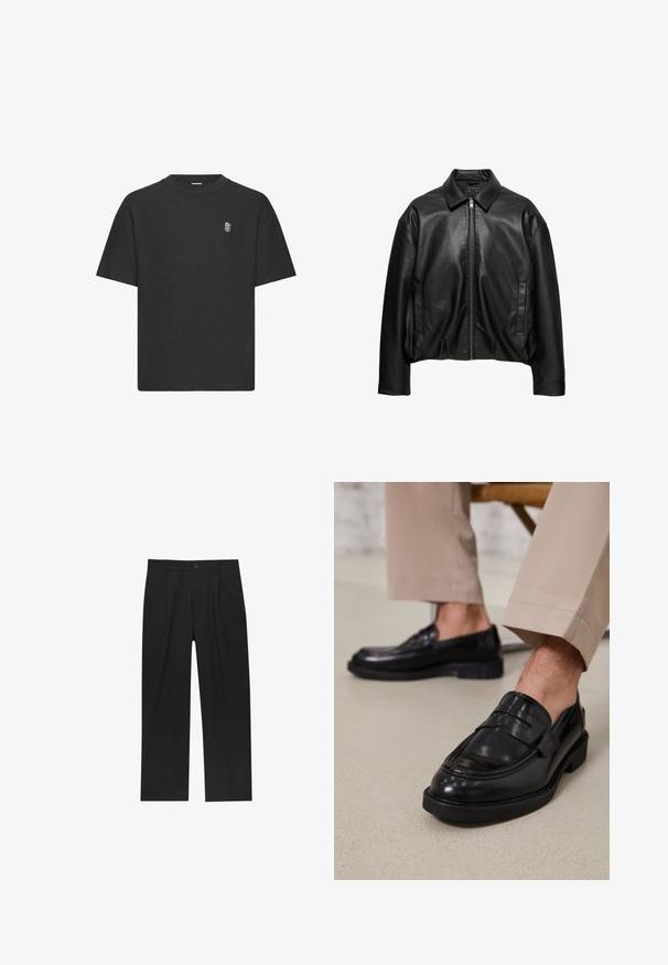 Sort læderjakke med krave, frontlynlås, lange ærmer og to lodrette sidelommer, vist mod en hvid baggrund.; Sort kortærmet t-shirt i et tekstureret stof, med rund hals og et diskret broderet logo på brystet.; Sorte bukser med lige ben, lavet af et glat stof. Har frontfolder og en enkelt knaplukning i taljen.; Sorte lædermokkasiner med en glat overflade, der har en dekorativ rem og kontraststing, parret med beige bukser.