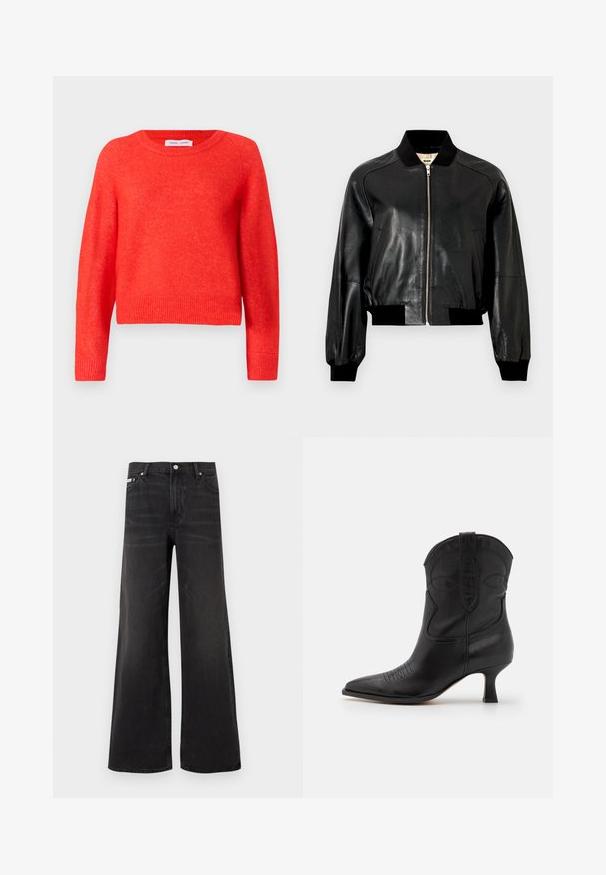 Veste aviateur en cuir noir avec fermeture éclair, col et poignets côtelés, et poches latérales. Texture lisse avec un design court.; Pull rouge, court, en matière douce. Encolure ronde, manches longues et détails côtelés au niveau de l'ourlet. Surface légèrement texturée.; Jean en denim noir à jambes larges avec fermeture avant par bouton et zip, passants pour ceinture, et style cinq poches.; Botte de cow-boy en cuir noir avec un bout pointu, un petit talon et des coutures décoratives sur la tige et la zone des orteils. Texture lisse sur l'ensemble.