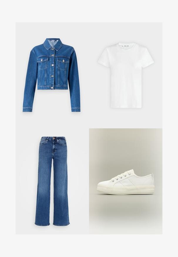Jeans μπουφάν σε μπλε χρώμα με cropped σχέδιο, κουμπιά μπροστά, δύο τσέπες στο στήθος και ασημένια αξεσουάρ. Λείος υφή.; Απλό λευκό κοντομάνικο μπλουζάκι με στρογγυλή λαιμόκοψη, τοποθετημένο επίπεδα σε ανοιχτό γκρι φόντο, δείχνει την μπροστινή πλευρά με ετικέτα στο εσωτερικό της λαιμοκοπής.; Μπλε τζιν παντελόνια με φαρδιά γραμμή από τζιν ύφασμα, με ψηλή μέση, πέντε τσέπες και κλείσιμο με κουμπί. Ορατές λεπτές ξεθωριάσεις και ραφές.; Λευκό αθλητικό παπούτσι χαμηλού ύψους με παχιά ριγωτή σόλα, δέσιμο με κορδόνια μπροστά και θηλιά στη φτέρνα σε ουδέτερο φόντο.