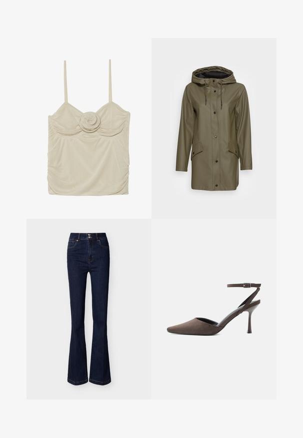 Veste de pluie imperméable vert olive avec une capuche, boutons-pression à l'avant, deux poches latérales et cordons de serrage pour ajuster la capuche.; Débardeur beige sans manches avec un détail en rose au centre, présentant un tissu texturé et des côtés froncés pour un look ajusté.; Jean en denim bleu foncé taille haute avec jambes évasées, poches avant et fermeture à double bouton à la taille.; Chaussure à talon haut en daim marron à bout pointu, avec une fine bride de cheville et une boucle argentée sur fond blanc.