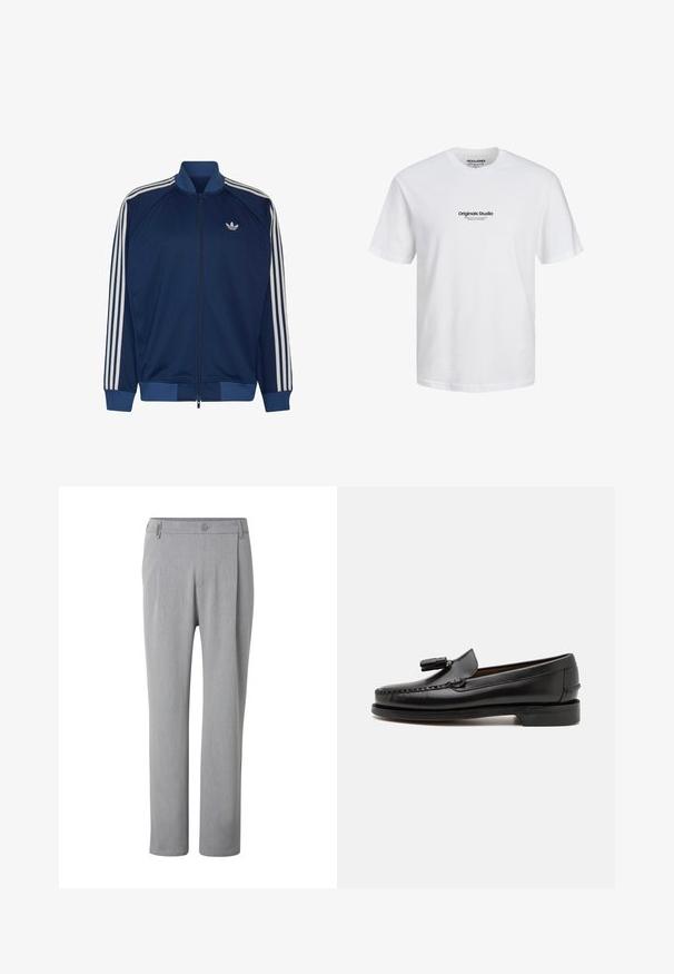 Chaqueta de chándal azul marino con cremallera, con tres rayas blancas en las mangas y pequeño logo blanco de Adidas en el pecho izquierdo.; Camiseta de algodón blanca con mangas cortas y cuello redondo. Presenta un logo negro de "Originals Studio" impreso en el centro.; Pantalones gris claro de pierna recta con botón y trabillas, mostrados de frente sobre un fondo blanco.; Mocasines de cuero negro con costuras de mocasín, punta redonda y acento de borlas. Tacón plano con una textura suave, diseñados para uso casual.
