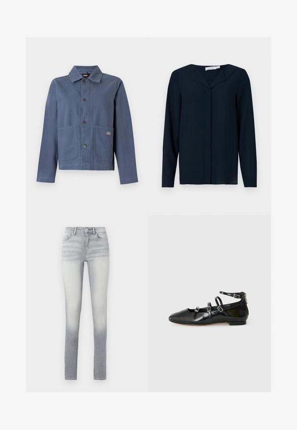Veste en coton bleu avec col, fermeture à boutons, deux poches avant et un petit logo de la marque sur la poche droite.; Blouse à manches longues bleu marine en tissu léger, ornée d'un décolleté en V, d'une fermeture à boutons et d'une texture lisse.; Jeans skinny bleu clair avec un dégradé, comportant cinq poches, une fermeture à bouton à l'avant et un léger délavage au niveau de la cuisse.; ALDO NELTA - Ballerines - black