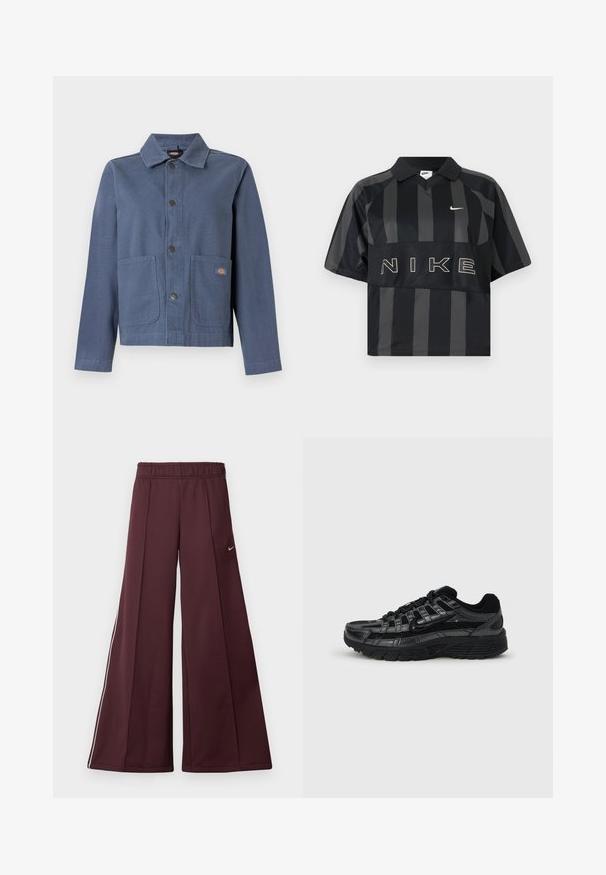 Blå bomuldsjakke med krave, knaplukning, to forlommer og et lille brandlogo på højre lomme.; Sort og mørkegrå polo t-shirt med korte ærmer fra Nike med vertikale striber, krave, hvid Nike-swoosh og stor NIKE-tekst over brystet.; Bordeaux bredde-bukser i et glat stof med elastisk talje og hvide striber på siden. Har et lille Nike-logo på venstre lår.; Sort atletiksko med en tekstureret mesh-overdel, syntetiske detaljer, tyk gummisål og markant snøresystem. Nike-logo på siden.