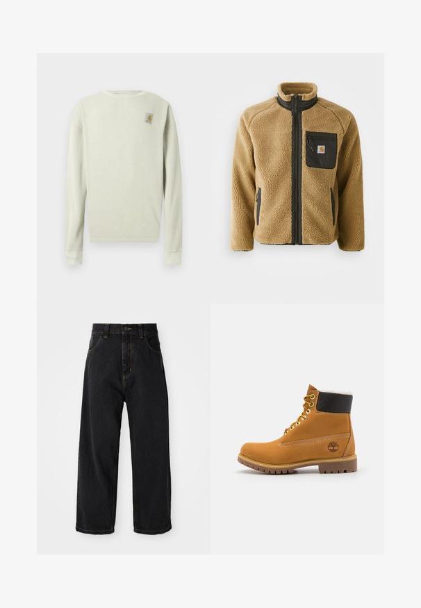 Chaqueta de forro polar color beige con un bolsillo de pecho con cremallera negra y bolsillos laterales a juego. Cuenta con un cuello alto y tejido texturizado para mayor calidez.; Suéter de manga larga verde claro con un patrón de rayas texturizadas. Presenta un cuello redondo y un pequeño parche de logo en la parte superior izquierda del pecho.; Jeans de denim negros de pierna ancha con cintura alta, botón frontal, cremallera y costuras amarillas en los bolsillos y costuras.; Botín de cuero marrón con ojales de metal, forro de piel sintética blanca, cuello acolchado negro, suela resistente y logotipo en relieve en el costado.