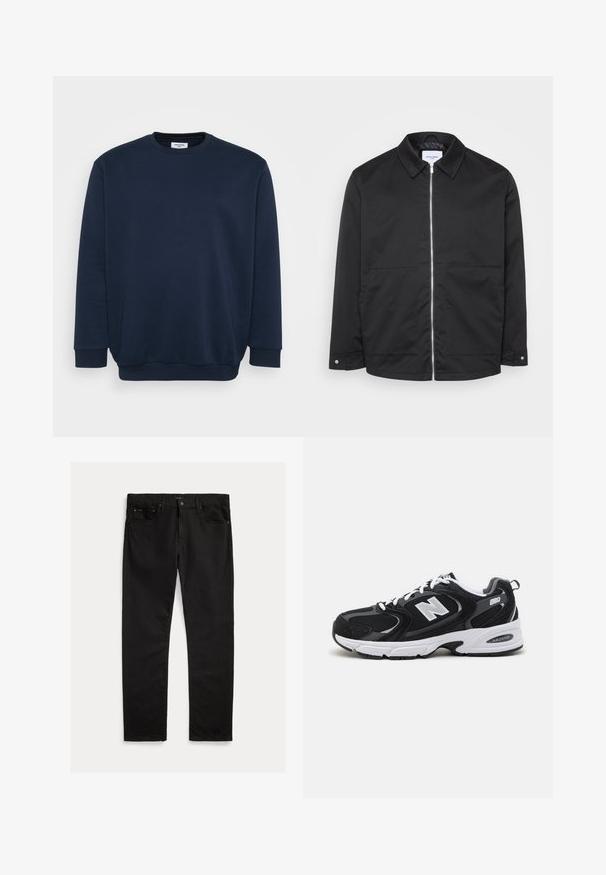 Sort lynlåsjakke med krave, to forlommer og metal lynlåsdetalje. Glat stof uden mønstre eller markante teksturer.; Marineblå sweatshirt lavet af blød bomuldsblanding, med rund hals, lange ærmer og ribbede manchetter og kant. Minimalistisk design uden mønstre.; Sorte denim jeans med lige ben, fem-lomme design og subtil tekstur. Metalknap og lynlås lukning.; Sorte og grå sportssko med mesh og ruskind på overdelen, der har en hvid mellemsål, snørebånd og et iøjnefaldende "N" logo på siden.