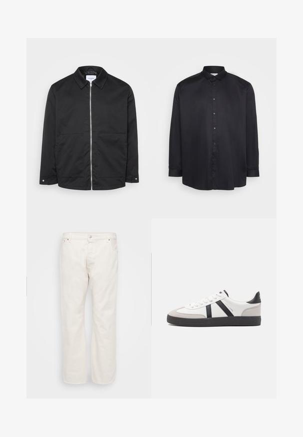 Veste noire à fermeture éclair avec col, deux poches avant, et détails en métal sur la fermeture. Tissu lisse sans motifs ni textures marquées.; Chemise noire à manches longues en tissu lisse. Dotée d'un col classique, d'une fermeture à boutons à l'avant et d'un ourlet arrondi. Design simple, sans motifs.; Jean en denim blanc avec une coupe droite, dotés d'une fermeture à bouton, de passants de ceinture et de deux poches latérales. Texture lisse, détails minimaux.; Baskets blanches avec des accents noirs et gris, présentant un embout texturé gris, une semelle en caoutchouc noir et des lacets plats blancs. Design épuré, style minimaliste.