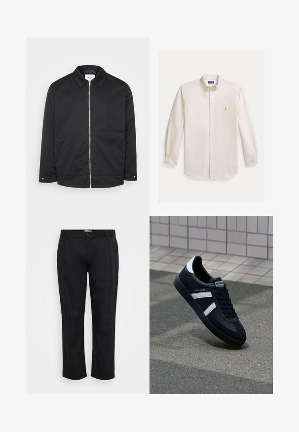 Veste noire à fermeture éclair avec col, deux poches avant, et détails en métal sur la fermeture. Tissu lisse sans motifs ni textures marquées.; Chemise à manches longues à boutons en coton crème. Présente un col à pointes et un petit logo brodé sur la poitrine. Coupe classique.; Jack & Jones Wide-leg Plus Size Wide Leg Fit - Pantalon classique - black; Sneaker en cuir noir avec des rayures blanches, semelle en caoutchouc texturée et devant à lacets. Présente une étiquette de marque sur la languette.