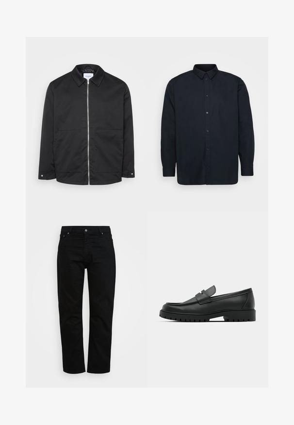 Zwarte zip-up jas met kraag, twee voorzakken en metalen ritssluiting. Gladde stof zonder patronen of opvallende texturen.; Zwarte button-up shirt gemaakt van katoen, met een klassieke kraag, long sleeves en zeven knopen aan de voorkant. Soepele textuur, geen opvallende patronen.; Zwarte jeans van katoen, met een klassieke snit, vijf zakken en een metalen knoopsluiting. Glad textuur met rechte pijpen.; Zwarte leren instappers met een ronde neus, voorzien van een gestikt ontwerp, een lage platformzool en een gestructureerde, grof rubberen buitenzool.