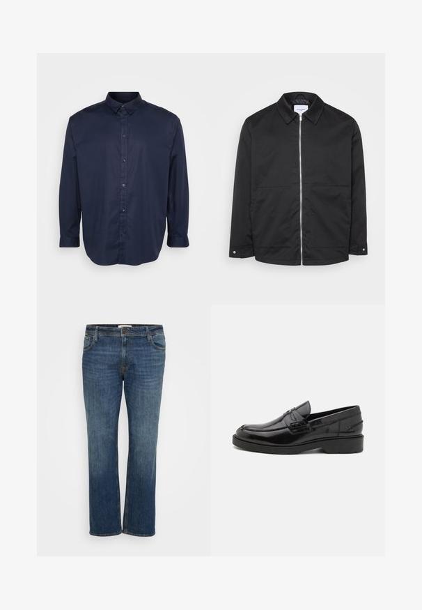 Veste noire à fermeture éclair avec col, deux poches avant, et détails en métal sur la fermeture. Tissu lisse sans motifs ni textures marquées.; Chemise à manches longues bleu marine en tissu lisse, avec un col pointu, un devant boutonné et un ourlet arrondi.; Jean en denim bleu foncé avec une coupe droite, comportant cinq poches, une fermeture à bouton et un léger dégradé pour la texture.; Mocassins en cuir noir avec une finition lisse, un bout rond, un petit talon et descoutures décoratives à l'avant. Semelle en caoutchouc pour l'adhérence.