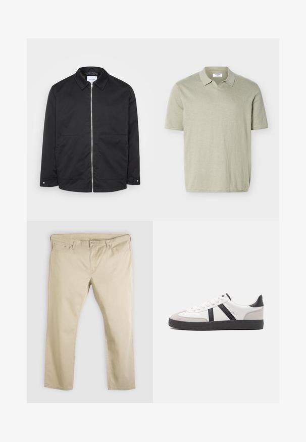 Veste noire à fermeture éclair avec col, deux poches avant, et détails en métal sur la fermeture. Tissu lisse sans motifs ni textures marquées.; Polo manches courtes beige clair avec col doux sans boutons, fabriqué en tissu léger.; Pantalon beige à jambes droites avec fermeture avant à bouton et fermeture éclair, passants pour ceinture et cinq poches, posé à plat sur un fond blanc.; Baskets blanches avec des accents noirs et gris, présentant un embout texturé gris, une semelle en caoutchouc noir et des lacets plats blancs. Design épuré, style minimaliste.