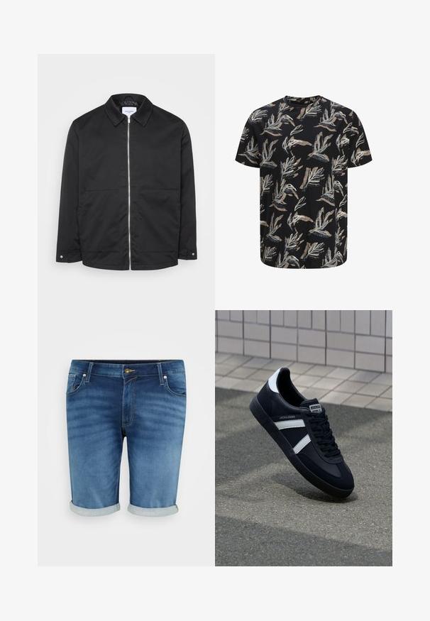 Sort lynlåsjakke med krave, to forlommer og metal lynlåsdetalje. Glat stof uden mønstre eller markante teksturer.; Sort kortærmet t-shirt med beige og hvide abstrakte bladmønstre jævnt fordelt over stoffet.; Denim shorts i mellemblå med en let fading, der har knappelukning, fem lommer og opsmøgte kanter for et afslappet look.; Sort lædersneaker med hvide striber, tekstureret gummisål og snørrebånd foran. Har et brandet mærke på tungen.