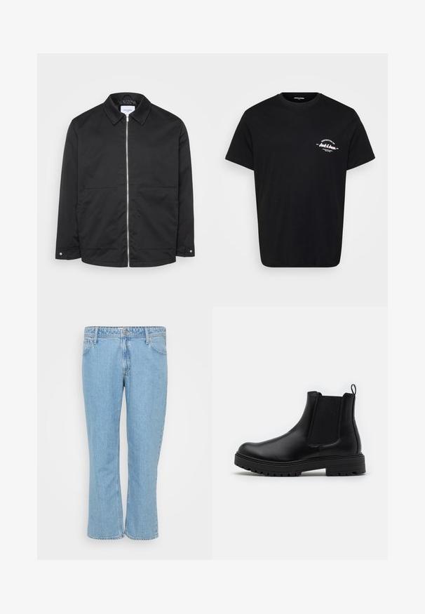 Schwarze Jacke mit Reißverschluss und Stehkragen, zwei Fronttaschen und einem Metallreißverschluss. Glatter Stoff ohne Muster oder auffällige Strukturen.; Schwarzes Baumwoll-T-Shirt mit Rundhalsausschnitt, kurzen Ärmeln und einem weißen, gedruckten Logo auf der linken Brust. Klassischer Schnitt und glatte Textur.; Helle blaue Denim-Jeans mit geradem Bein, ausgestattet mit einem Fünf-Taschen-Design und einem Knopfverschluss an der Taille.; Zign by Zalando LEATHER - Stiefelette - black