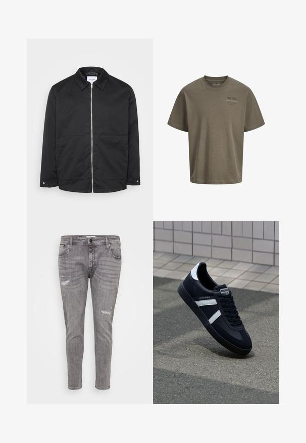 Sort lynlåsjakke med krave, to forlommer og metal lynlåsdetalje. Glat stof uden mønstre eller markante teksturer.; Taupe kortærmet bomulds t-shirt med rund halsudskæring og lille trykt tekst på venstre bryst.; Grå denim jeans med slidte detaljer, slim fit, standard fem-lomme design og en let sammenløbende ben.; Sort lædersneaker med hvide striber, tekstureret gummisål og snørrebånd foran. Har et brandet mærke på tungen.