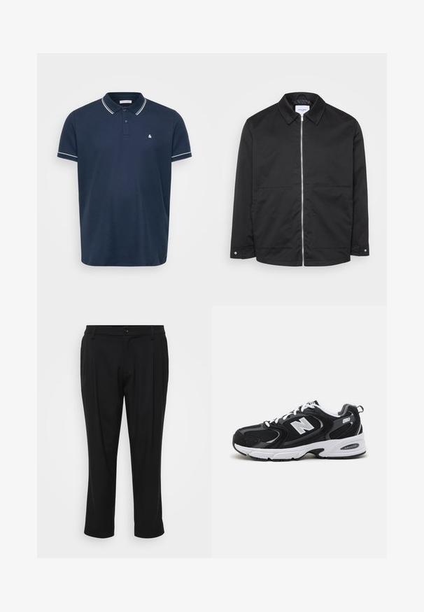 Veste noire à fermeture éclair avec col, deux poches avant, et détails en métal sur la fermeture. Tissu lisse sans motifs ni textures marquées.; Polo shirt bleu marine en tissu texturé, avec un col classique, trois boutons et des finitions blanches sur les manches et le col. Petit logo sur la poitrine.; Pantalon noir ajusté avec un design à jambe droite. Fabriqué dans un tissu lisse, avec une fermeture à bouton et deux poches avant.; Baskets de sport noires et grises avec un tige en mesh et en suède, présentant une semelle intermédiaire blanche, des lacets et un logo "N" audacieux sur le côté.