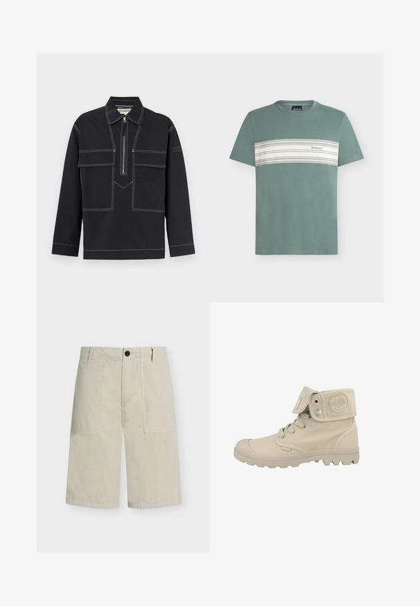 Zwart shirt met lange mouwen, witte contraststiksels, ritssluiting aan de voorkant, klepzakken op de borst en een duidelijke kraag tegen een lichte achtergrond.; Groen T-shirt met korte mouwen met een witte horizontale streep over de borst met dunne zwarte lijnen en het Barbour-logo.; Beige knielange shorts met grote voorzakken, een enkele zwarte knoop en riemlussen op een witte achtergrond.; Beige mid-top laarzen van canvas, met een ronde neus, rubberen zool met grip, vetersluiting en een klep met een logo-detail.