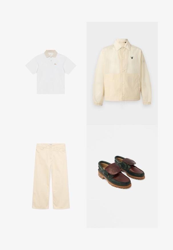 Veste beige à boutons avec col, poignets élastiques, poches latérales, ourlet à cordon et petit logo noir d'oiseau sur la poitrine gauche.; Polo blanc à manches courtes avec col beige, deux boutons et petit logo orange sur le côté gauche de la poitrine.; Jean large couleur crème en coton, avec poches avant, braguette à boutons et détails de couture minimalistes. Vue de face sur fond blanc.; Chaussures en cuir avec un corps vert foncé, un dessus bordeaux, un bout rond, un rabat sécurisé et une semelle en caoutchouc texturée avec des rainures.