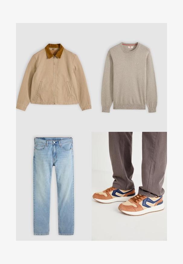 Veste en coton beige avec un col en velours côtelé marron, fermeture zippée à l'avant et deux poches latérales. Texture lisse avec des détails de couture visibles.; Pull beige en maille à manches longues et col rond, poignets et ourlet côtelés, petit logo Levi's sur la poitrine.; Jean bleu clair à jambes droites avec cinq poches, fermeture par bouton, et coutures visibles sur un fond uni.; Baskets mêlant suède beige et matériau synthétique crème, avec un accent bleu et une semelle texturée ; lacets marron ; portées avec un pantalon gris rayé.