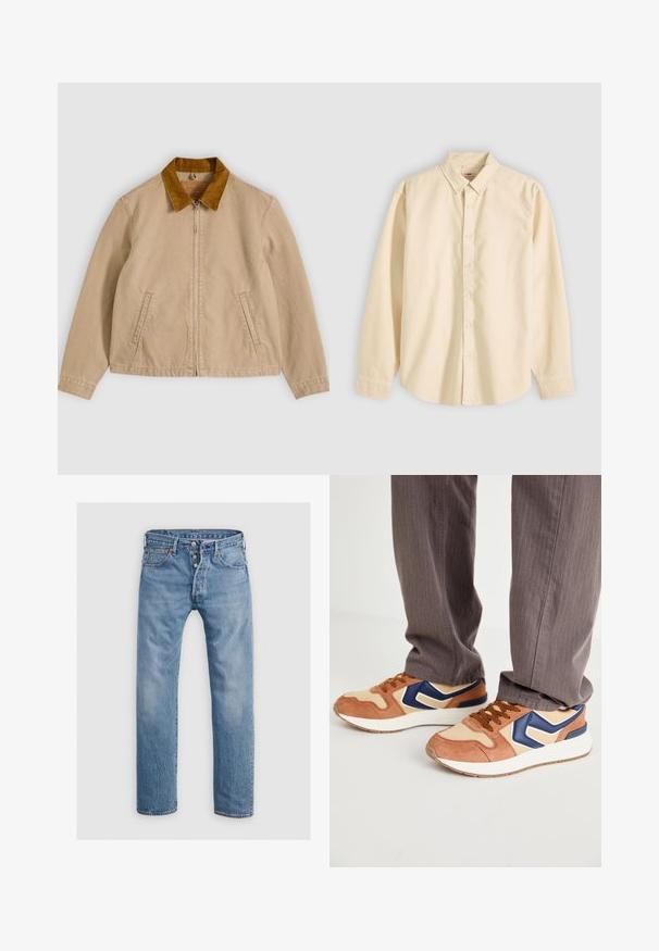 Beige katoenen jas met een bruine corduroy kraag, ritssluiting aan de voorkant en twee zijzakken. Gladde textuur met zichtbare stikdetails.; Beige overhemd met lange mouwen, knopen en kraag, plat liggend met de knopen dicht en manchetten dichtgeknoopt op een lichte achtergrond.; Lichtblauwe denim jeans met een recht gesneden ontwerp, vijf zakken en een knoopsluiting. Voorzien van subtiele vervaging en stikselaccenten.; Sneakers met een mix van tan suede en crèmekleurig synthetisch materiaal, met een blauwe accent en een getextureerde zool; bruine veters; gedragen met grijs gestreepte broek.