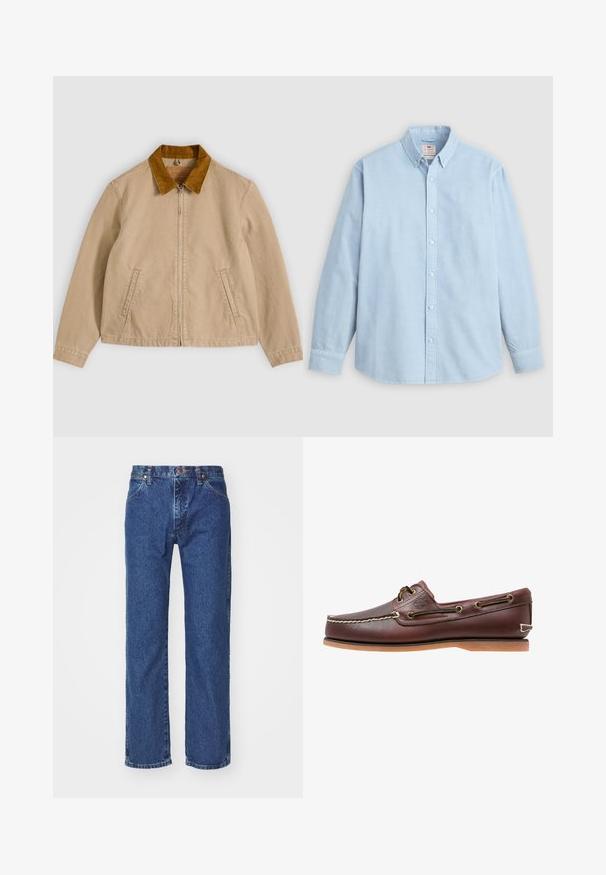 Beige katoenen jas met een bruine corduroy kraag, ritssluiting aan de voorkant en twee zijzakken. Gladde textuur met zichtbare stikdetails.; Lichtblauw overhemd met lange mouwen, knoopsluiting, button-down kraag en een enkele borstzak, plat liggend op een grijze achtergrond.; Rechtermode blauwe denim jeans met een voorste knoop, ritssluiting, riemlussen en vijf-vakken ontwerp op een effen witte achtergrond.; Bruine leren bootschoen met witte stiksels, veterdetails en beige rubberen zool, zijaanzicht op een witte achtergrond.
